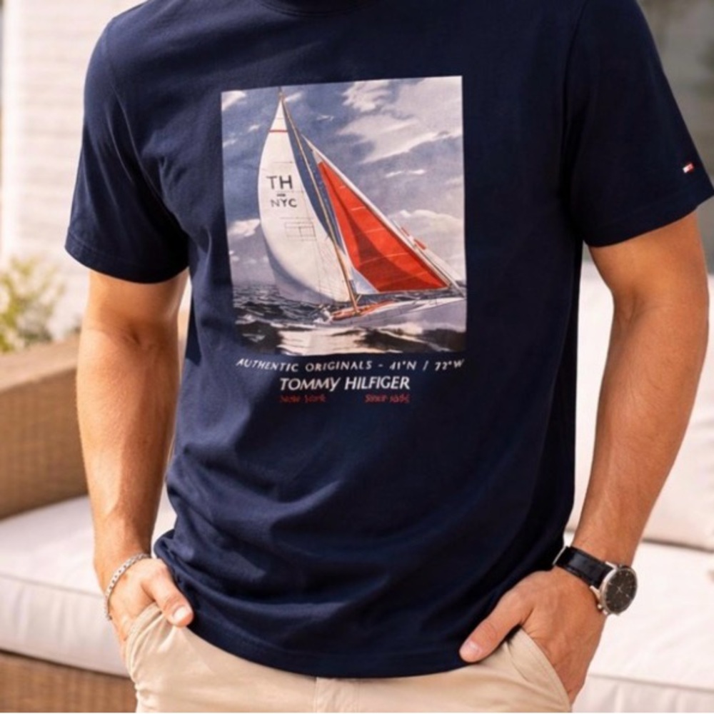 Tommy Hilfiger Navy Graphic Sailboat Tee with Red Accent